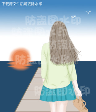 夏天看海美女背影插画