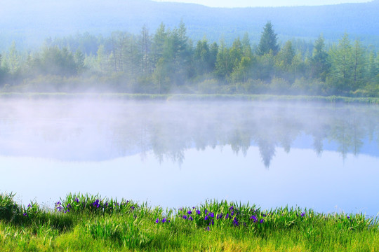 晨雾中的马兰湖