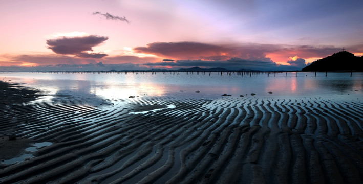 海边夕阳 天空晚霞 滩涂 倒影