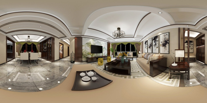 新中式客厅效果图360度