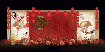 红色中式婚礼迎宾背景手绘效果图