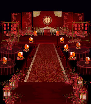 红色中式婚礼主背景手绘效果图