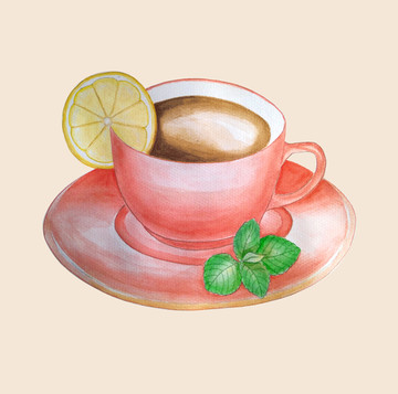 手绘水彩画咖啡水果茶杯