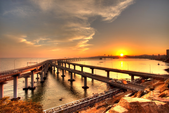 大连 星海湾大桥 夕阳 HDR