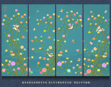 新中式手绘花鸟背景墙装饰画壁画