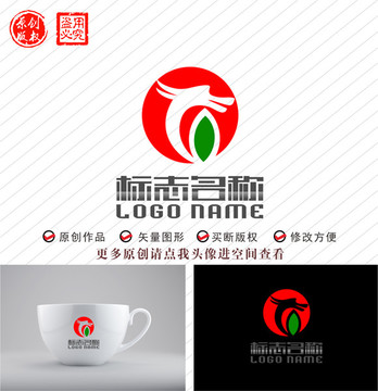 T字母标志绿叶红日龙logo