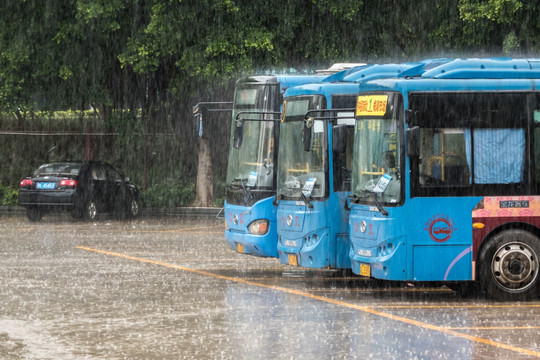 大雨下的公共汽车