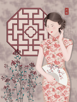古风中国风手绘插画拿扇旗袍美女