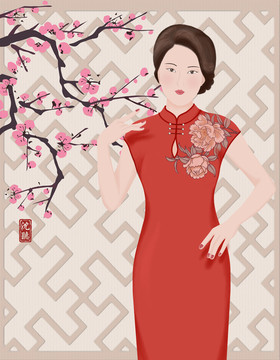 中国风手绘插画旗袍美女无框画