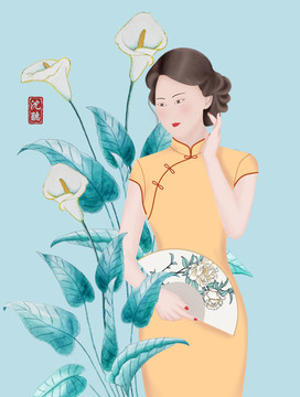 古风中国风插画拿扇子旗袍美女