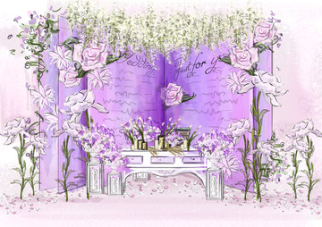 紫粉色婚礼迎宾区造景效果图