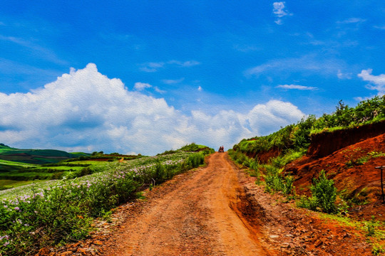 土路田园油画