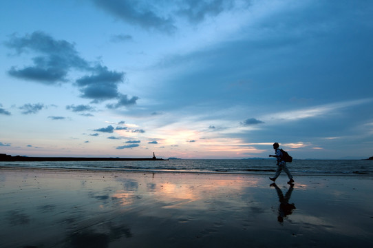 海边夕阳 天空晚霞 滩涂倒影