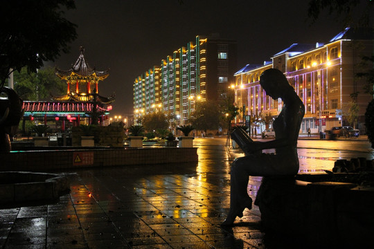 雨后 城市 夜景 霓虹灯 街景