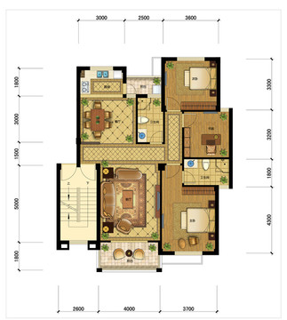 PSD分层住宅户型填彩平面图