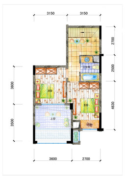 PSD分层住宅户型填彩平面图