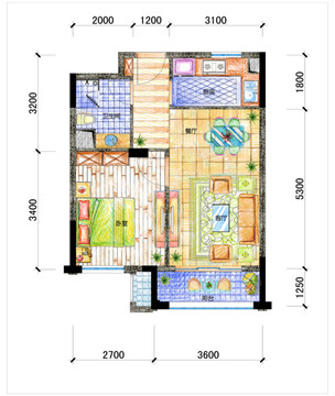 PSD分层住宅户型填彩平面图