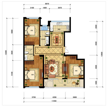 PSD分层住宅户型填彩平面图