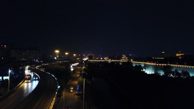 航拍西安城市夜景城墙夜景