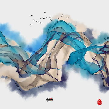 泼墨抽象山水 水墨画
