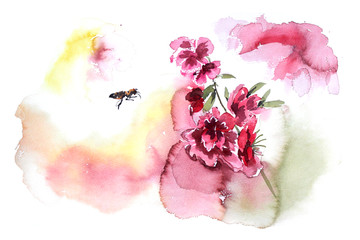 插画花朵与蜜蜂