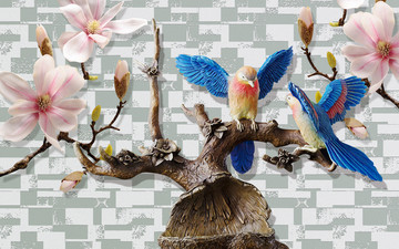 3D立体鸟语花香背景墙 分图层