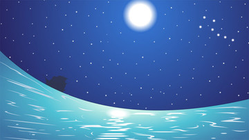 卡通背景夜空下的大海