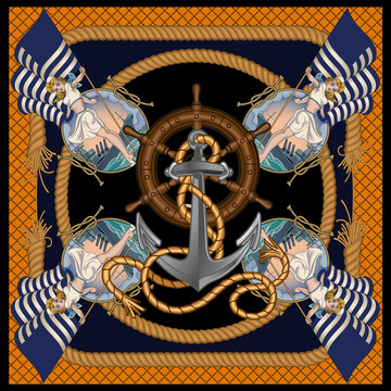 海军风丝巾印花 麻绳方巾图案