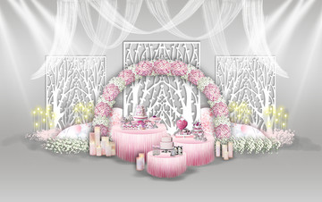 粉白色雕花弧形拱门婚礼甜品展示