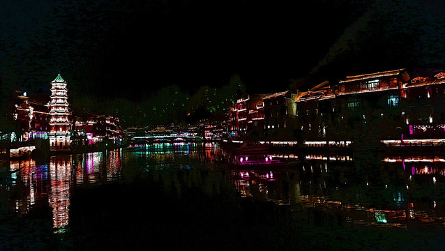 湖南 凤凰古城 水上建筑 夜景