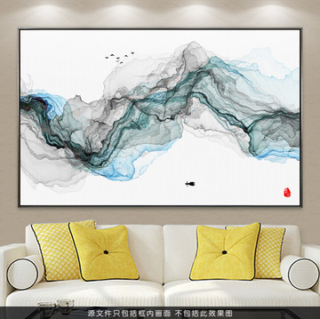 新中式客厅沙发背景水墨画