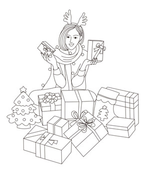 圣诞节收礼物女孩线描插画