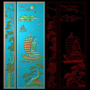 一帆风顺子母门板精雕图