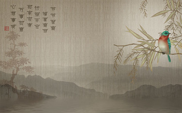 新中式竹子花鸟背景墙壁画