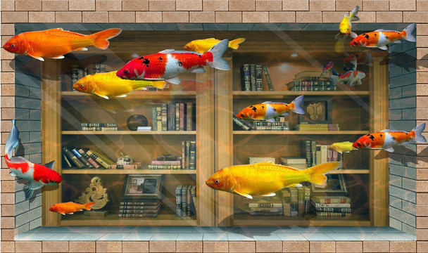 3D立体画书架鱼 造梦视界