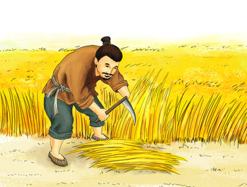 古代农民丰收割麦子手绘插画