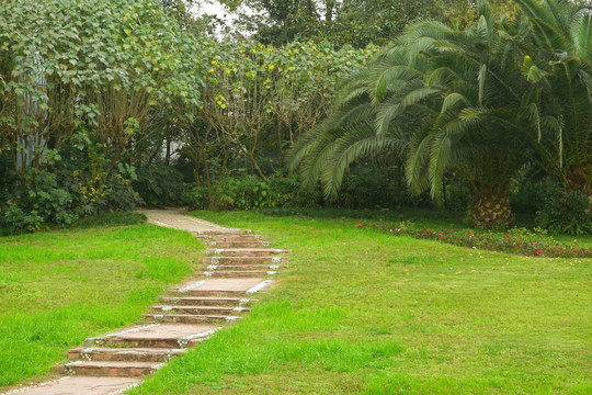 公路绿化带景观 石板路 草坪