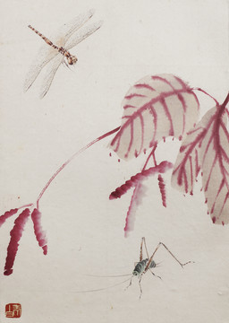 齐白石国画 花 蚂蚱与蜻蜓