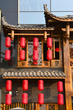 中式门楼装修 红灯笼 外墙装饰