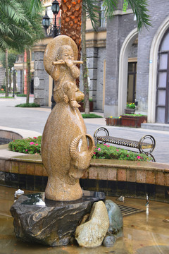 喷泉雕塑 喷泉池塘 牧童塑像