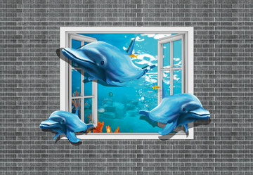 3D海豚背景墙贴图