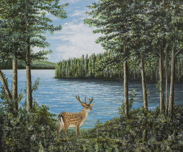 风景油画 油画 湖边 鹿