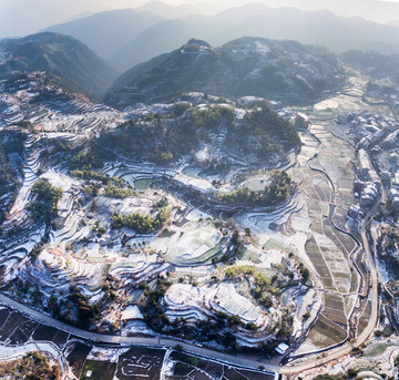 温州茗岙梯田雪景全景图