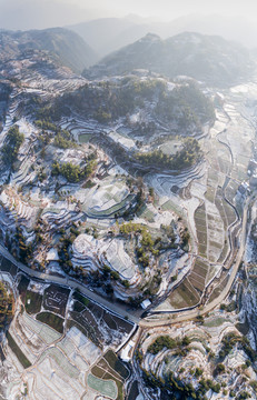 温州茗岙梯田雪景全景图