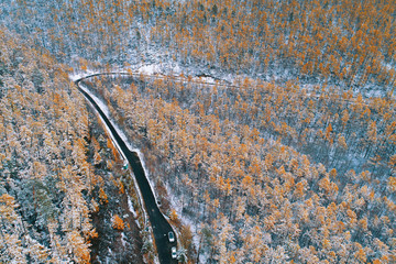 林海秋雪公路秋色 航拍