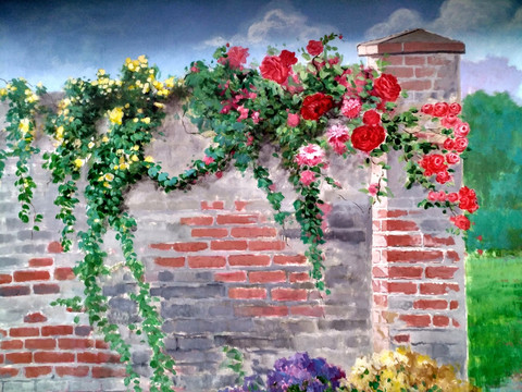 野蔷薇砖墙壁画