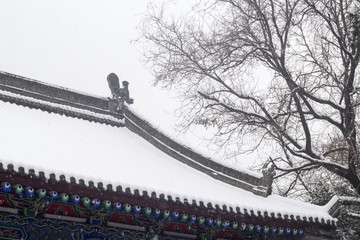 寺庙廊檐上的积雪