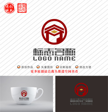 M字母标志房子铜钱logo