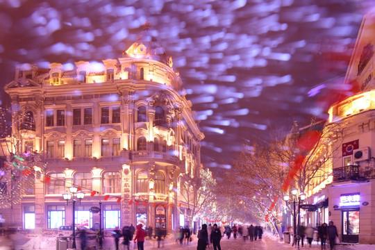 欧式建筑 哈尔滨中央大街夜景
