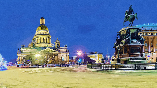 圣彼得堡圣以撒广场 水粉画